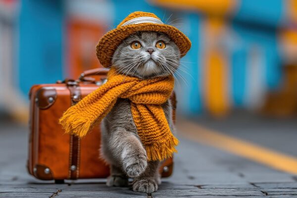 cat, hat, scarf, suitcase, travel, adventure, cute, pet, fashion, travel humor, fun, animal, city, autumn, style, vintage, costume, humor, train, cultural
